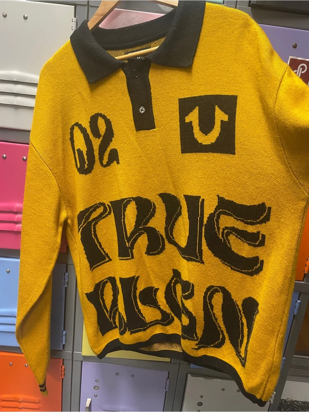True Religion Men's Mustard Yellow and Black V-Neck Graphic Sweater